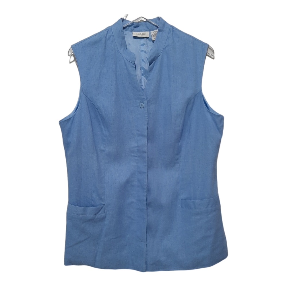 Vintage Linen Blend Vest With Front Pockets Cool Blue Size 18